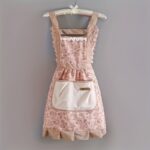 Women's Floral Embroidered Apron with Adjustable Waist Tie - 72.01 cm Pink/Green Kitchen Cooking Baking Apron, Durable Polyester with Ruffled Shoulder Design for Home & Professional Use, Vintage Apron - Image 3