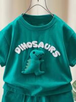 2pcs Set of Small Boy Casual Letter Pattern Dinosaur Short Sleeved T-Shirt And Shorts, Comfortable Summer Clothing for Boys, Suitable for Beach Vacation And Outdoor Activities in The Summe, for Outdoor - Image 3