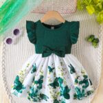 Girls' Spring/Summer Ruffled Sleeve Dress with Bow Detail and Elastic Waistband - Green Butterfly Print on White, Knee-Length, Machine Washable - Image 12