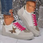 ⁦[Everyday Comfort] Women's Leopard Print Star Sneakers, Casual Lace-Up Low Top Shoes with Round Toe, Fabric Upper & Mesh Inner, PVC Sole, Polyurethane Insole - Spring Fashion, Everyday Shoes|Leopard Print Sneakers|Artificial Cover Sneakers⁩ - الصورة ⁦9⁩