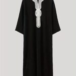Men'S Polyester V-Neck Kaftan with Geometric Applique - Modest Loose-Fit Middle Eastern Thobe, Three-Quarter Sleeves, Non-Stretch Woven Fabric, All-Season - Image 6