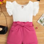 2pcs Trendy Girls Solid Flutter Trim T-Shirt Top + Shorts With Bow Belt Set For Summer Outdoor Outfit - Image 11