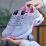 Women's Breathable Mesh Athletic Sneakers - Lightweight & Stylish Running Shoes with Air Cushion, Lace-Up Low Tops in Gray & Pink with NIKSON Logo