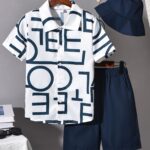 KIKOFENDY Boys' 3pcs Summer Vacation Set - Casual Alphabet Print Shirt, Comfortable Shorts & Stylish Sun Hat with Button Details, Non-Stretch Fabric, Regular Fit for Beach & Outdoor Activitie, for Outdoor