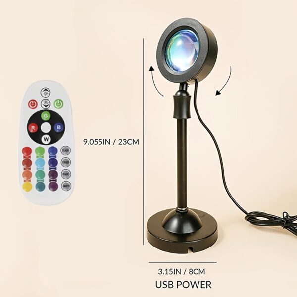 AHFECTNY USB-Powered Sunset Projection Lamp with 16 Color Options, 360° Rotating Night Light & Remote Control for Bedroom, Party, or Wedding Decor, Bedroom Night Light | Versatile Lighting Solution | Sleek Metal Finish