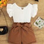 2pcs Trendy Girls Solid Flutter Trim T-Shirt Top + Shorts With Bow Belt Set For Summer Outdoor Outfit - Image 12
