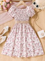 Charming Girls' Floral Summer Dress with Puff Sleeves and Belt - Lightweight Polyester, Machine Washable - Perfect for Beach Vacations - Image 7
