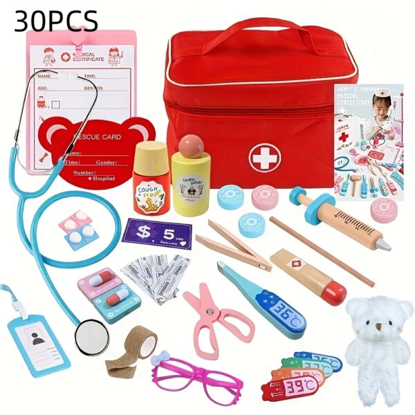 30pcs Wooden Medical Playset, Pretend Doctor Kit for Kids, Educational Role Play Set, with 6pcs Dental Tools, Stethoscope, Syringe, Bandages, for Children Ages 3-6, Perfect Gift for Future Medical Professionals