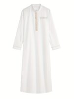 Men'S Elegant White Abaya with Golden Stripe Embroidery - Long Sleeve, Stand Collar, Loose Fit, All-Season Traditional Middle Eastern Attire for Ramadan & Al-Adha, Musli - Image 3