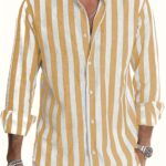 Men's Stylish Striped Long Sleeve Button-Up Shirt - Casual Lapel Collar, White & Brown Vertical Stripes, Lightweight Fabric, Perfect for Beach Vacations, Dates, and Gifts, Beach Wear, Versatile Fashion | Classic Striped Shirt | Collared Long Sleeve - Image 16