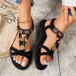 Women'S Black Flat Sandals with Golden Floral Accents - Open Toe, Synthetic Upper, Non-Slip Sole, Casual Footwear|Decorative Sandals|Synthetic Sandals