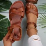 Women's Casual Flat Sandals - Adjustable Cross Strap Open-Toe Summer Shoes with Rubber Sole, Synthetic Cover Upper & Fabric Lining for Office, Outdoor, Beach - Classic Solid Color Design, Office Sandals | Classic Sandal Design | Stylish Synthetic Sandals, - Image 4