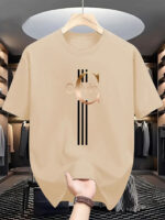 ⁦Men's Casual Calvin Print T-Shirt - Black with Golden Stripe Design, Comfortable Polyester Crew Neck Tee for Everyday Streetwear, Summer Essential⁩ - الصورة ⁦4⁩