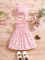 ⁦0-3 Years Old Two-piece Set for Girls, Summer Love Print Sleeveless Wrap Dress with Suspenders + Hat, Princess Dress in Two Colors to Choose from⁩ - الصورة ⁦6⁩