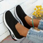 Women'S Breathable Black Sneakers with White Sole - Casual, Motion-Control Support, Rubber Base, All-Season Comfort Shoes, Casual Footwear | Stylish Sneakers | Comfortable Walking Shoes - Image 3