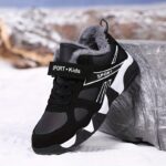 Boys' Winter Snow Boots with Warm Plush Lining - Comfy Non-Slip Soft Sole Sneakers, Black & White Geometric Design, Hook and Loop Closure, Casual Retro Style for Youngsters, Winter Boots