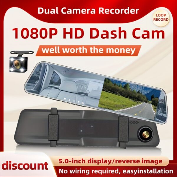 Great Value Dual Dash Cam, 5-Inch IPS Display, Rear View Mirror Camera, Front 1080P And Rear 480P, 2 HD Cameras, Easy Installation