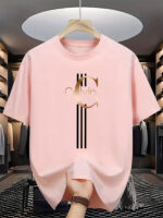 ⁦Men's Casual Calvin Print T-Shirt - Black with Golden Stripe Design, Comfortable Polyester Crew Neck Tee for Everyday Streetwear, Summer Essential⁩ - الصورة ⁦5⁩