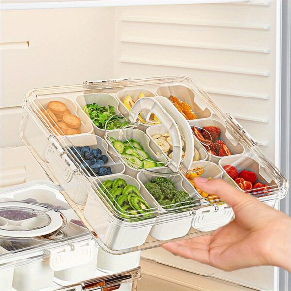RV Fridge-Compatible Snack Storage Box with Lid & Handle - 12/8 Grid Divided Stackable Clear Food-Safe Plastic Organizer Tray for Travel, Lunch, Picnics, Parties - Portable Food Container for Fruits, Veggies, Nuts, Candy, Fridge Organizers And Storage, Pi