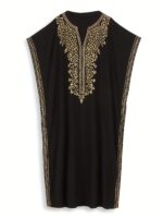 EDOLYNSA V-Neck Black Vine Embroidery Ethnic Style Short-Sleeved Slit Long Beach Dress Fashion Middle East Outdoor Loose Casual Outerwear Sunscreen Large Size Blouse Kaftan Q1758 - Image 6
