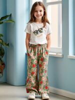 ⁦Summer Youthful Pant Set with Short Sleeves for Girls, New Fashionable Casual Two-Piece Outfit for Middle and Large Youngsters, Featuring a Floral Pattern, Short Sleeves, and Wide-Leg Pants, for Outdoor⁩ - الصورة ⁦4⁩