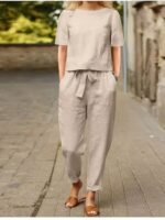 ⁦Casual two-piece set of plain long-sleeved pants with pockets, ideal choice for women in spring and autumn⁩ - الصورة ⁦6⁩