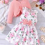 Girls' Flower Print Casual Vest Dress with Chest Measurement by Pulling + Solid Color Long Sleeve Jacket - Image 12