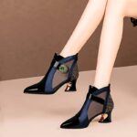 Elegant Women's Pointed-Toe High Heels - Chunky Mesh Cutout Ankle Boots with Rhinestone Detail, Back Zipper Closure for Casual Wear, Flat Shoes, Color Block - Image 5