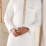 Men's Elegant White Long Sleeve Kandora - Traditional Arabian Robe with Stand Collar, Geometric Pattern, All-Season Polyester Blend for Islamic and Cultural Events, Allseason Robe | Elegant Kandora | Smooth Fabric - Image 9