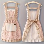 Women's Floral Embroidered Apron with Adjustable Waist Tie - 72.01 cm Pink/Green Kitchen Cooking Baking Apron, Durable Polyester with Ruffled Shoulder Design for Home & Professional Use, Vintage Apron