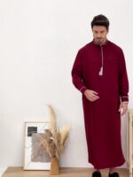 Men's Burgundy Islamic Robe | Polyester-Elastane Blend | Geometric Embroidered Design | Stand Collar | Faux Pocket Detail | Traditional Middle Eastern Cultural Attire | All-Season Wear, Allseason Robe | Traditional Islamic Dress | Quality Stitch, Muslim C - Image 9