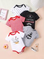⁦5pcs Baby's Marine Style Cotton Bodysuit, Casual Short Sleeve Romper, Toddler & Infant Boy's Outdoor Clothing⁩ - الصورة ⁦5⁩