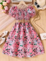 Charming Girls' Floral Summer Dress with Puff Sleeves and Belt - Lightweight Polyester, Machine Washable - Perfect for Beach Vacations - Image 4