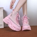 Women'S High-Top Sneakers with Thick Platform Sole & Lace-Up Closure - White & Pink Accents, Round Toe Comfort, All-Season Casual Shoes for Casual Attire, Ladies Sneakers, Durable Traction Footwear