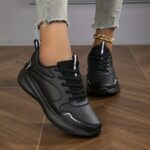 Women's Lightweight High Quality All-Season Low-Top Lace-Up Sneakers - Comfortable EVA Sole, Synthetic Cover Upper, Round Toe Design for Casual & Sporty Style - Black, Everyday Comfort Shoes | Sleek Sneaker Design | Durable Footwear