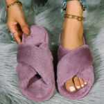 Women's Plush Cross-Strap Slip-On Slippers with Non-Slip EVA Sole - All-Season Indoor/Outdoor House Shoes for Home, Postpartum & Casual Wear (Pink/White/Black/Lavender), Ladies Slippers, Soft Plush Design, Fabric Upper And Insole - Image 3