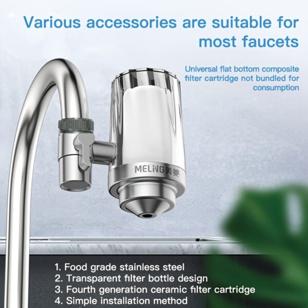1pc Stainless Steel Faucet Water Filter System, Transparent Activated Carbon Ceramic Filter Cartridge, with Composite Filter, for Removing Chlorine & Improving Taste, with No Electricity Needed