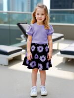 ⁦Girls' Sunflower Print Short Sleeve Top + Skirt Set, Summer Two-Piece Outfit for Everyday Wear/Vacation/Party, Suitable for Children Aged 3-10⁩ - الصورة ⁦11⁩