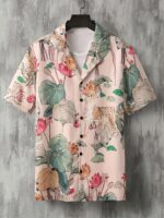 Men's Tropical Floral Print Hawaiian Shirt - Short Sleeve Button-Up with Vibrant Pink Hibiscus & Monstera Leaf Design, Casual Summer Beachwear, Polyester Blend, Machine Washable, Casual Wear | Buttondown Shirt | Smooth Texture, PLUS SIZE - Image 2