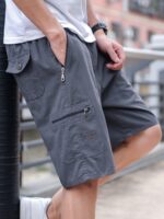 Men's Breathable Cotton Cargo Shorts - Solid Color, Drawstring Waist with Zipper Pockets, Casual Summer Wear - Image 4