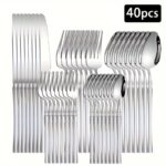 20/30/40pcs Stainless Steel Silvery Cutlery Set, Unique Small Waist Handle Design, Premium Dinner Knife, Dinner Spoon, Dinner Fork, Dessert Spoon, Dessert Fork Cutlery, Suitable For 4/6/8 People, Suitable For Family, Kitchen, Restaurant, Party, Christmas,