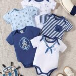 5pcs Baby's Marine Style Cotton Bodysuit, Casual Short Sleeve Romper, Toddler & Infant Boy's Outdoor Clothing