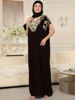 ⁦Elegant Black Turkish Kaftan Dress with Floral Embroidery - Loose Fit Short Sleeve Dress for Women, Middle Eastern Inspired All-Season Versatile Wear, Mature Sophisticated Attire, Comfortable Fit⁩ - الصورة ⁦8⁩