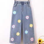 Girls' Floral Print Wide-Leg Jeans - Light Blue Denim with Colorful Flower Design, Elastic Waist, Loose Fit for Spring & Fall Outings, Spring Fashion | Playful Design | Vibrant Flowers, Cute Jean - Image 9