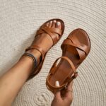 Women's Casual Flat Sandals - Adjustable Cross Strap Open-Toe Summer Shoes with Rubber Sole, Synthetic Cover Upper & Fabric Lining for Office, Outdoor, Beach - Classic Solid Color Design, Office Sandals | Classic Sandal Design | Stylish Synthetic Sandals,