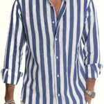 Men's Stylish Striped Long Sleeve Button-Up Shirt - Casual Lapel Collar, White & Brown Vertical Stripes, Lightweight Fabric, Perfect for Beach Vacations, Dates, and Gifts, Beach Wear, Versatile Fashion | Classic Striped Shirt | Collared Long Sleeve - Image 12