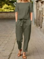 ⁦Casual two-piece set of plain long-sleeved pants with pockets, ideal choice for women in spring and autumn⁩ - الصورة ⁦3⁩