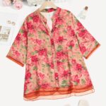 Women'S Casual Floral Print Blouse - Light Pink with Purple Floral Design, Long Sleeves, Button-Up, High Neck, Perfect for Spring/Summer, Casual Attire|Floral Print Top|Long Sleeve Shirt - Image 14