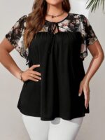 Plus Size Women's Floral Print Tie-Front Black Top with Adjustable Bow & Flutter Sleeves - Lightweight Semi-Sheer Summer Blouse, Machine Washable Elegant Pullover for Casual or Dressy Outfits, Floral Print Blouse, Casual Chic Top, Elegant Flutter Sleeves, - Image 3
