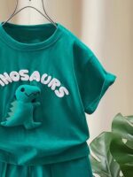 2pcs Set of Small Boy Casual Letter Pattern Dinosaur Short Sleeved T-Shirt And Shorts, Comfortable Summer Clothing for Boys, Suitable for Beach Vacation And Outdoor Activities in The Summe, for Outdoor - Image 4